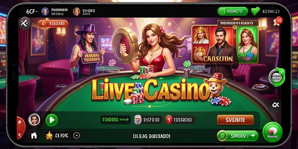 Screenshot gameplay 6CF yang menampilkan dealer dan suasana kasino langsung.
