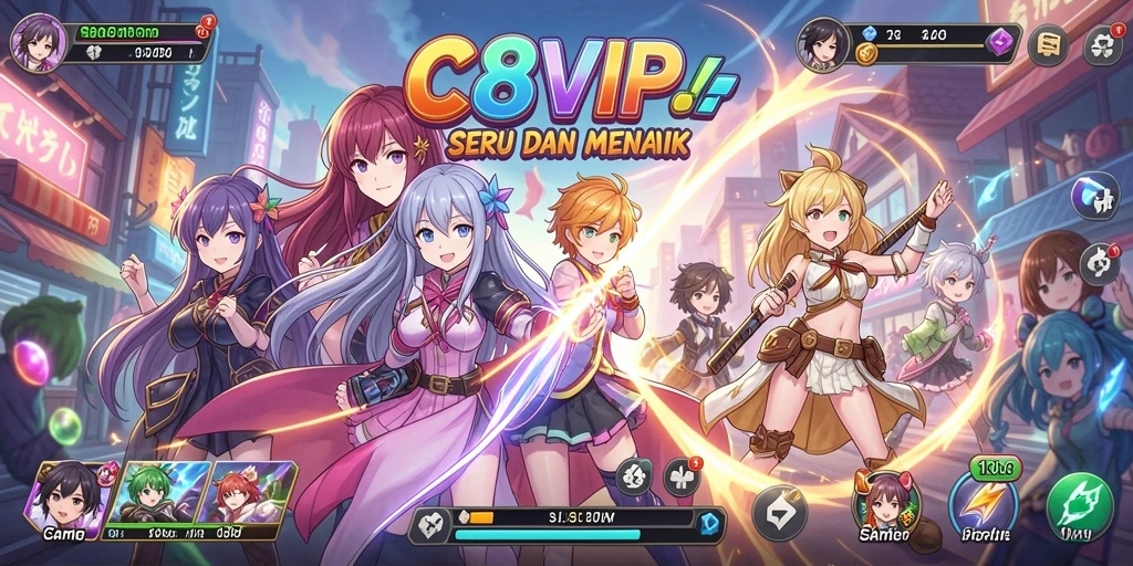 Tangkapan layar utama C8VIP menampilkan aksi pertarungan karakter anime yang seru.
