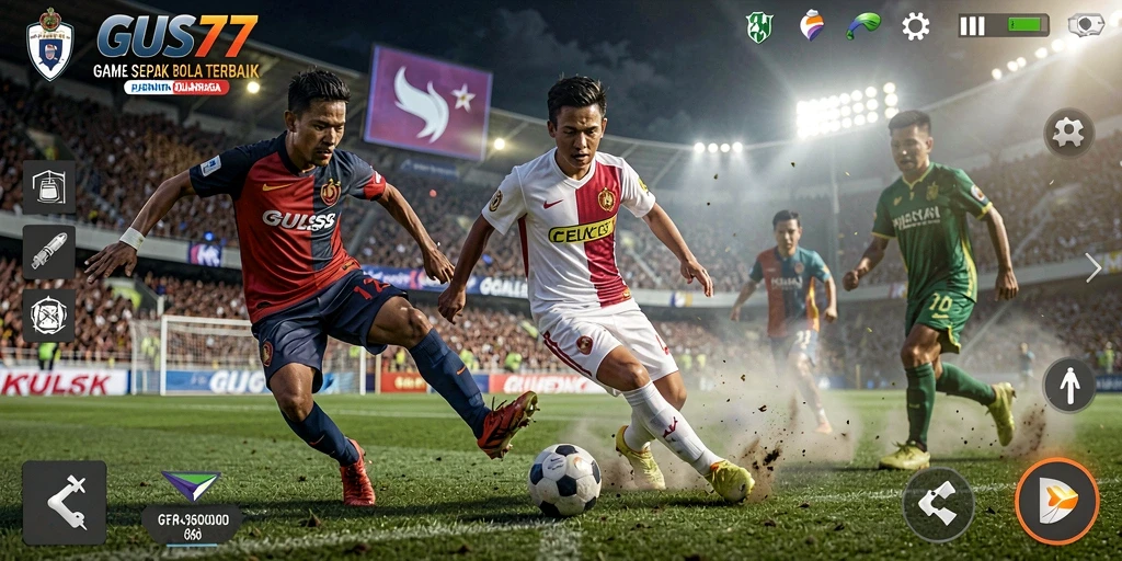 Screenshot gameplay GUS77 menampilkan aksi seru di lapangan sepak bola.