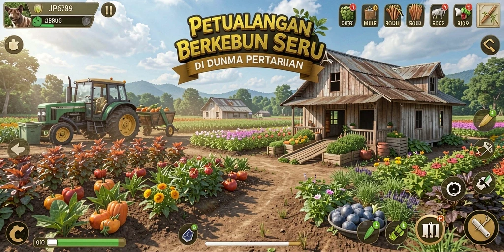 Screenshot gameplay JP6789 menunjukkan petani yang sedang memanen tanaman.