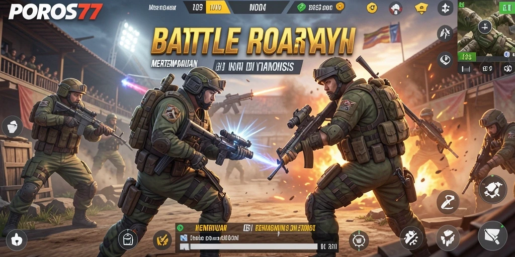 Tampilan aksi seru dalam gameplay Battle Royale POROS77.
