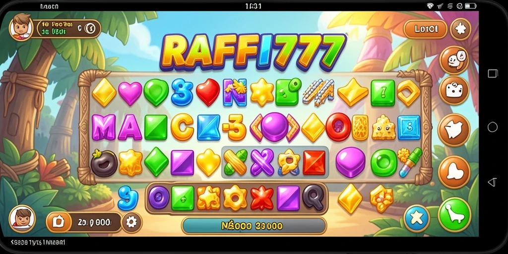 Gameplay seru RAFFI777 dengan berbagai permata berwarna.