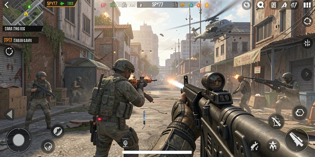 Tampilan aksi intense dalam gameplay SPY77 TPS.